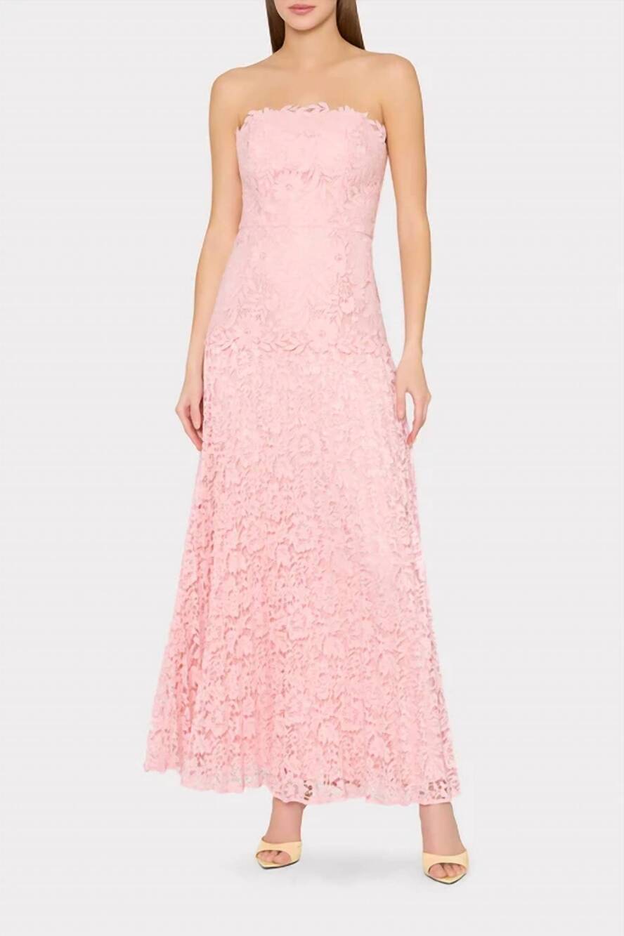 NEW MILLY norelle mixed laces pleated maxi dress in blush